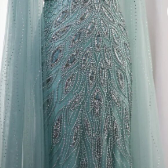 Luxury Blue Mermaid Evening Dress with Cape Sleeves - Picture 6 of 7